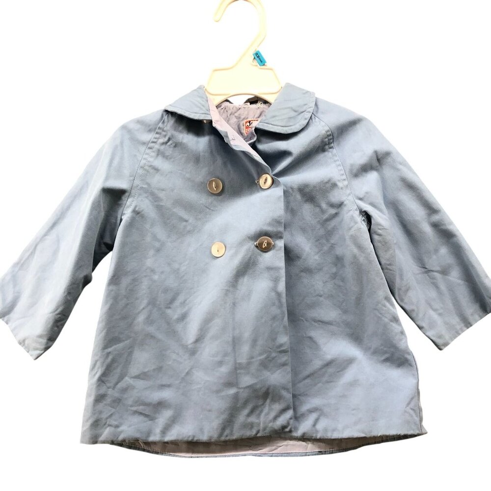 Vintage Baby Girls 12-18M Lightweight Collared Trench Coat Blue Double Breasted